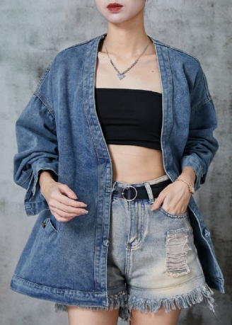 Marineblaue Übergroße Jeansjacke Mit Chinesischen Knöpfen Frühling