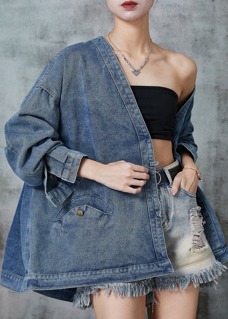 Marineblaue Übergroße Jeansjacke Mit Chinesischen Knöpfen Frühling - Damen-Wintermäntel