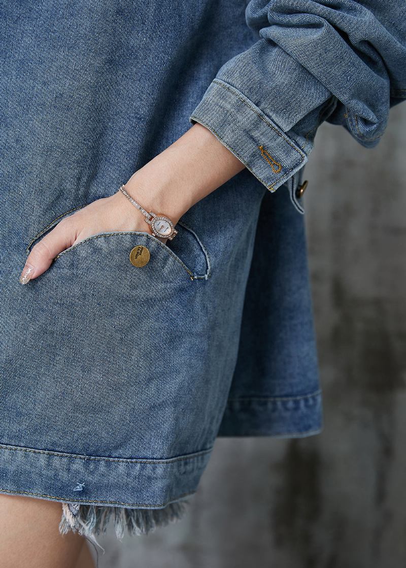 Marineblaue Übergroße Jeansjacke Mit Chinesischen Knöpfen Frühling - Damen-Wintermäntel