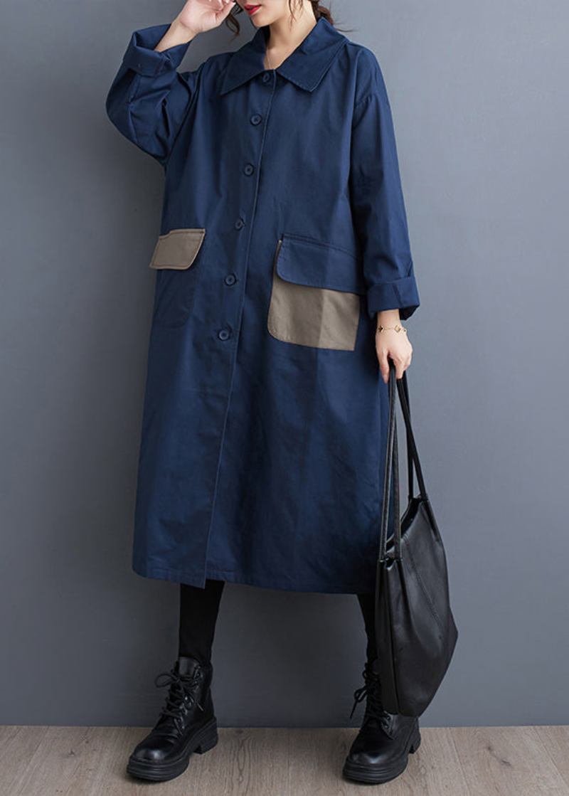 Marineblauer Baumwoll-trenchcoat Mit Taschen Und Knopfleiste Peter-pan-kragen Herbst