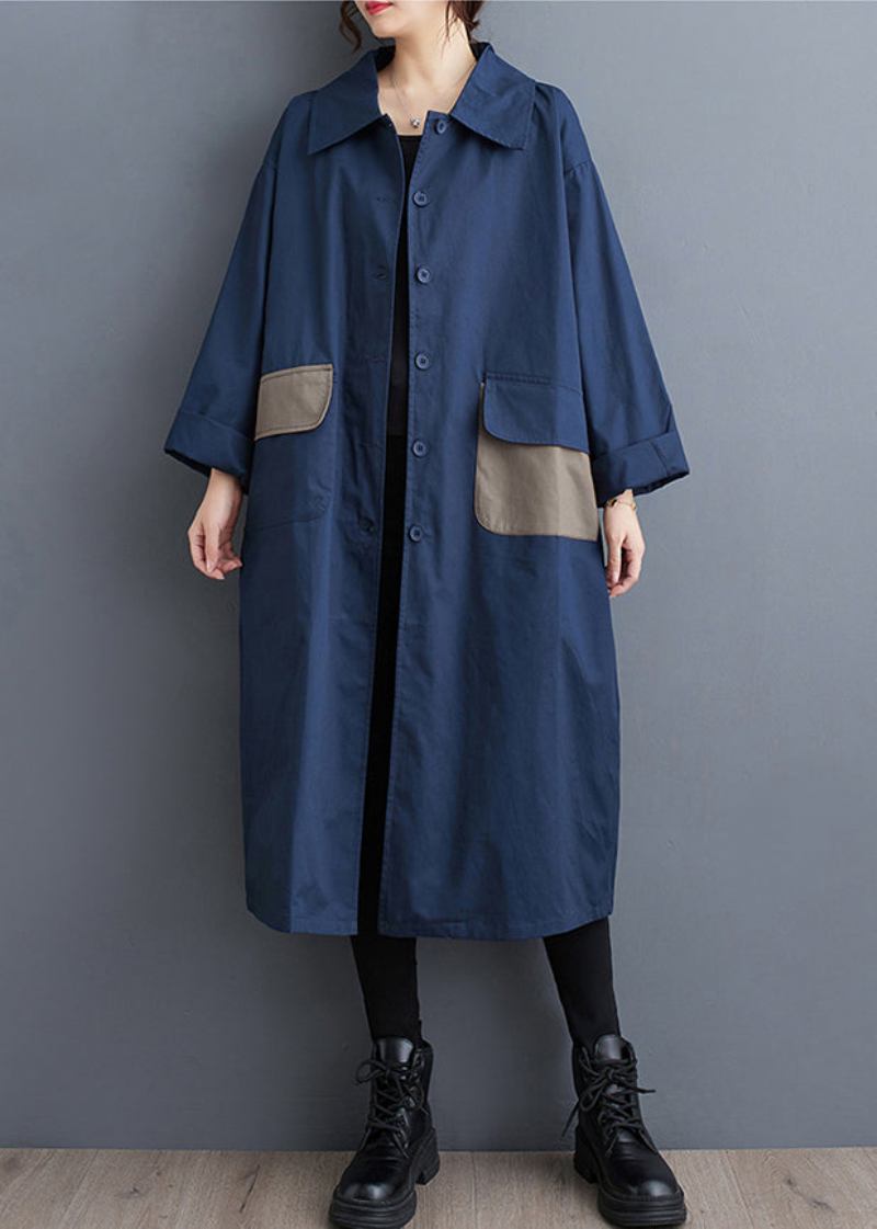 Marineblauer Baumwoll-trenchcoat Mit Taschen Und Knopfleiste Peter-pan-kragen Herbst - Damen-Wintermäntel