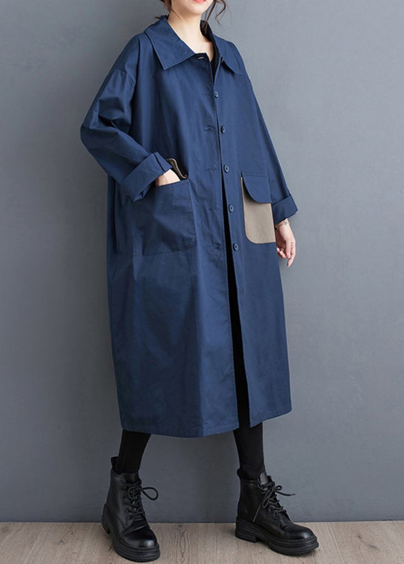 Marineblauer Baumwoll-trenchcoat Mit Taschen Und Knopfleiste Peter-pan-kragen Herbst - Damen-Wintermäntel