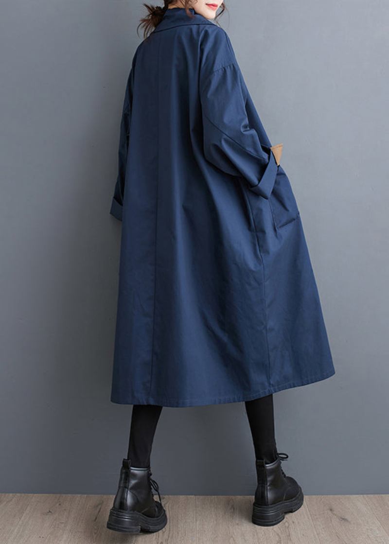 Marineblauer Baumwoll-trenchcoat Mit Taschen Und Knopfleiste Peter-pan-kragen Herbst - Damen-Wintermäntel