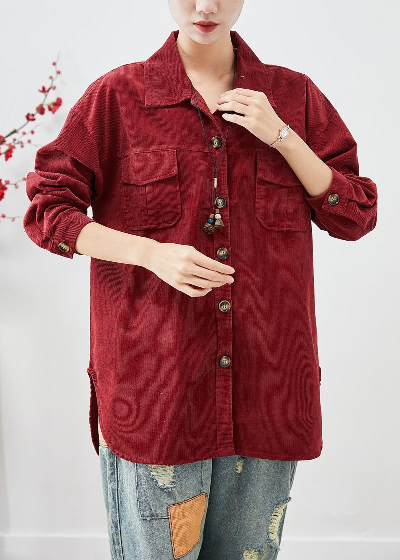 Mattrote Cordhemdmäntel Mit Übergroßem Button-down Herbst - Damen-Wintermäntel