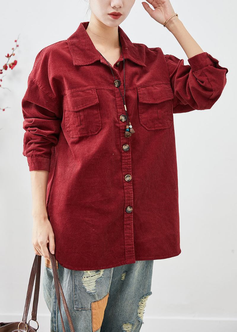 Mattrote Cordhemdmäntel Mit Übergroßem Button-down Herbst - Damen-Wintermäntel