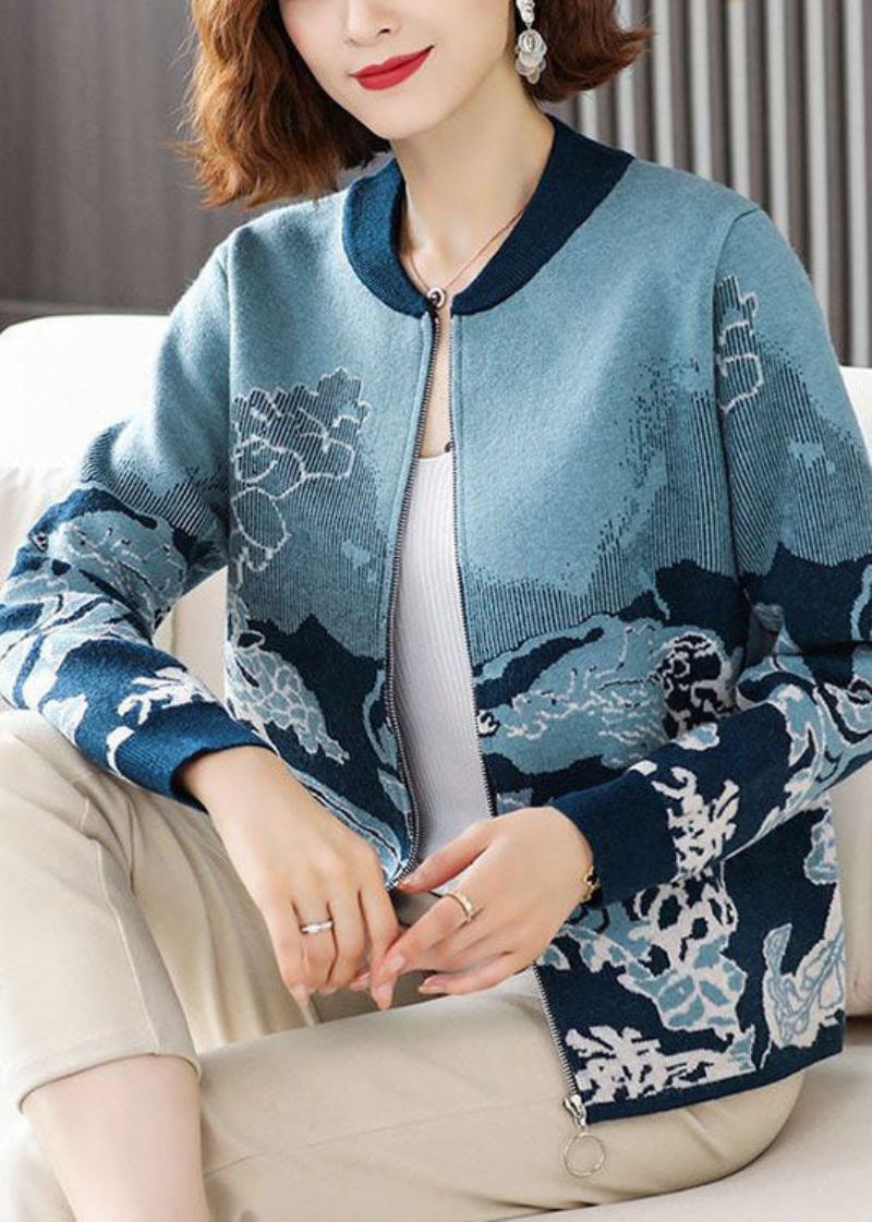 Moderne Blaue Strickjacke Mit Rundhalsausschnitt Und Reißverschluss Langärmlig