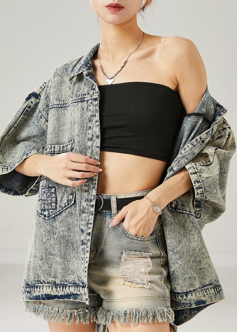 Moderne Graue Jeansjacke Mit Übergroßen Taschen Für Den Sommer - Damen-Wintermäntel