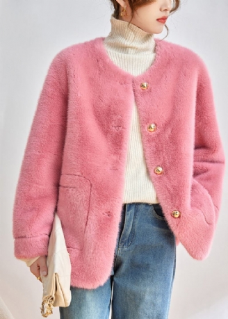 Moderne Rosa Kunstpelzjacken Mit Rundhalsausschnitt Und Taschen Und Knöpfen Für Den Winter