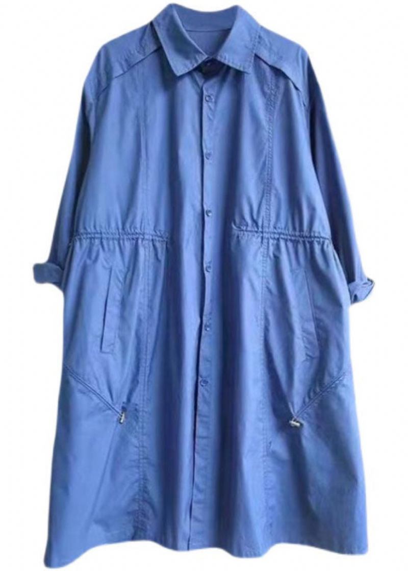 Moderner Blauer Trenchcoat Aus Baumwolle Mit Peter-pan-kragen Und Taschen Im Frühling - Blau