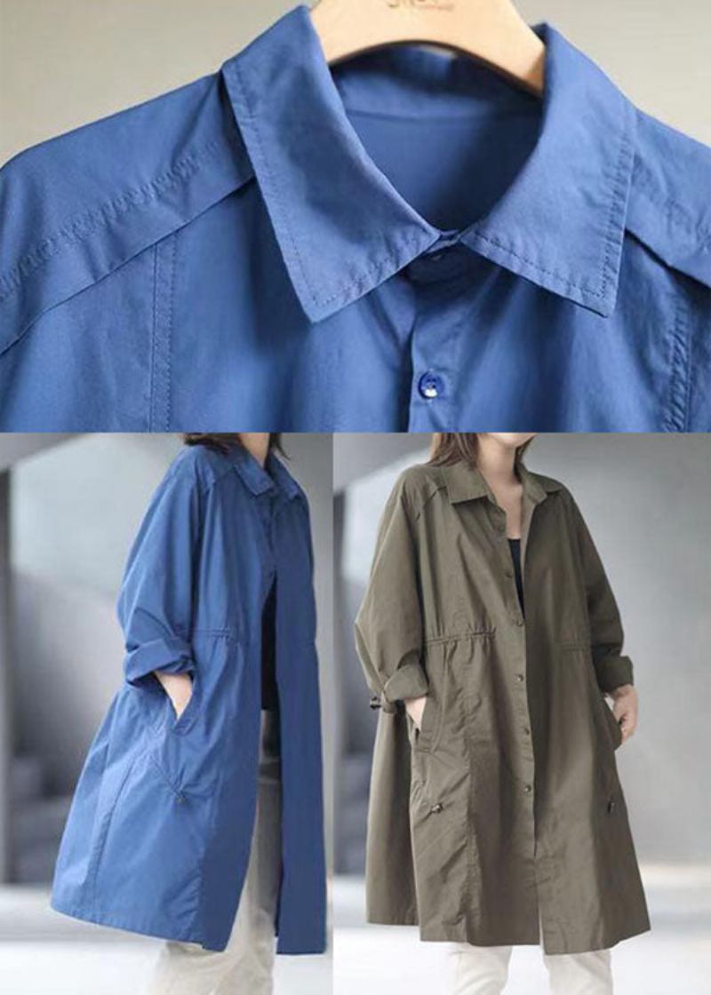 Moderner Blauer Trenchcoat Aus Baumwolle Mit Peter-pan-kragen Und Taschen Im Frühling - Blau