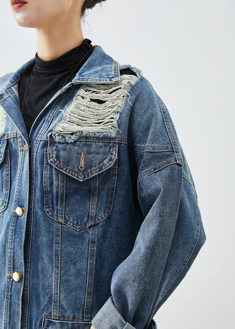 Moderner Übergroßer Zerrissener Denim-mantel Im Herbst - Damen-Wintermäntel