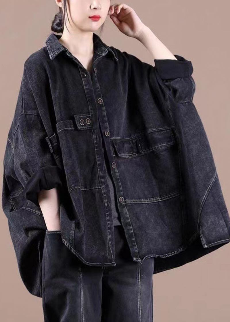 Modische Schwarze Lockere Patchwork-bluse Mit Knöpfen Und Asymmetrischem Design Für Den Herbst Langärmlige Jeansbluse - Damen-Wintermäntel