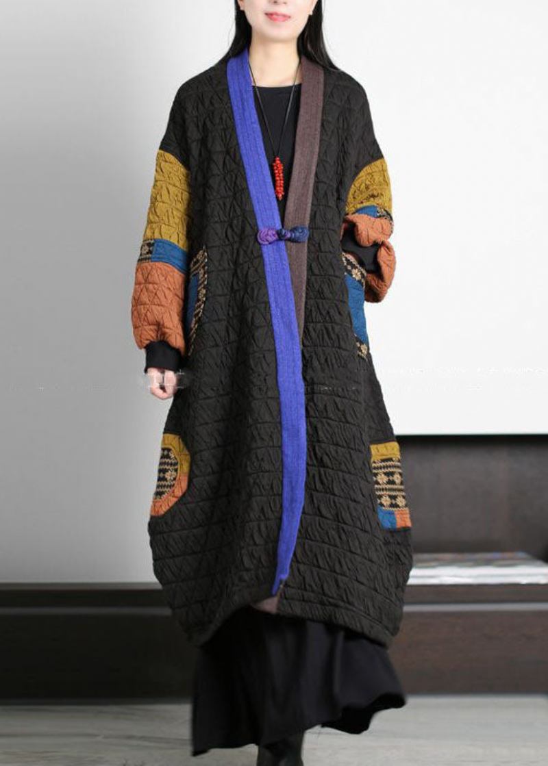 Modische Schwarze Patchwork-mäntel Mit V-ausschnitt Und Orientalischem Knopfmuster Und Feiner Baumwolle Für Den Winter - Damen-Wintermäntel