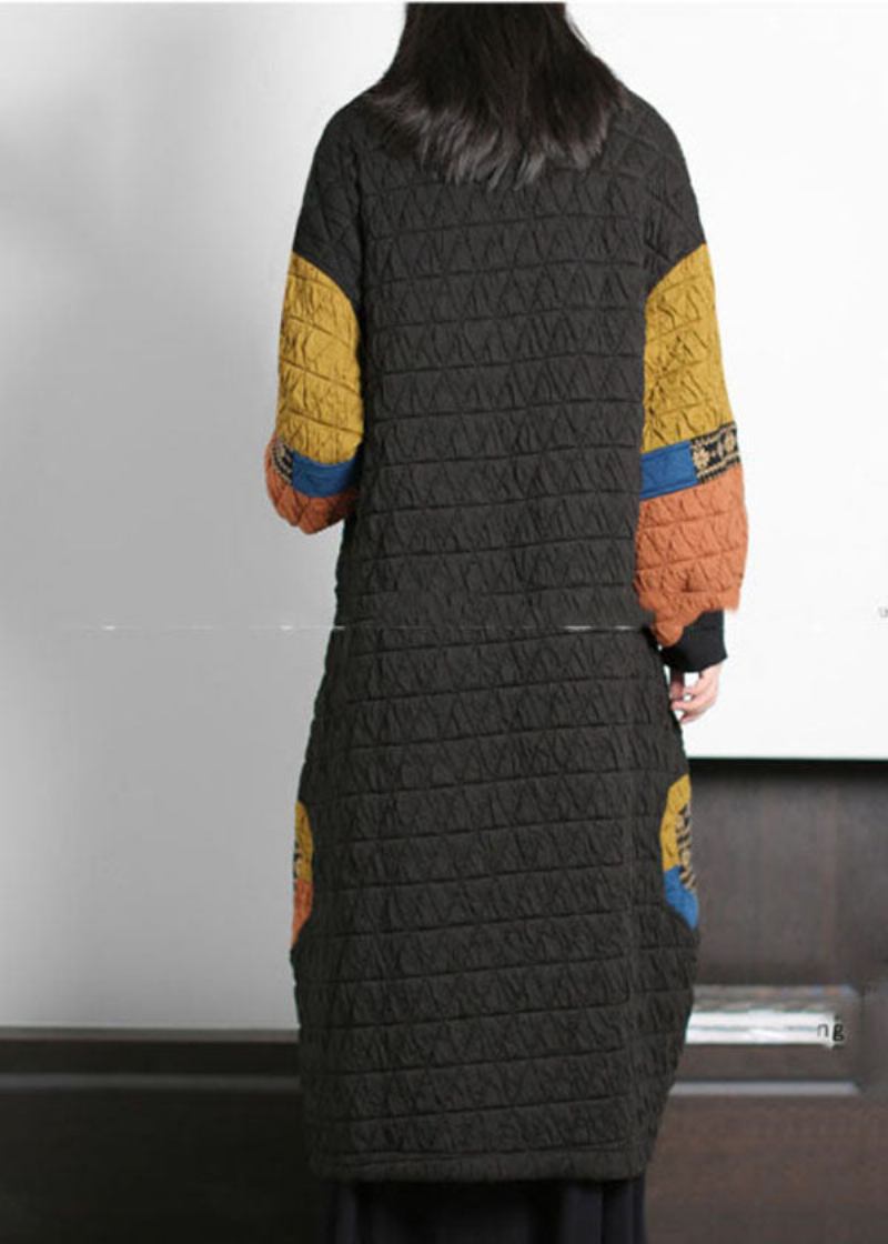 Modische Schwarze Patchwork-mäntel Mit V-ausschnitt Und Orientalischem Knopfmuster Und Feiner Baumwolle Für Den Winter - Damen-Wintermäntel