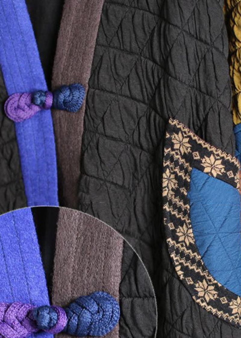 Modische Schwarze Patchwork-mäntel Mit V-ausschnitt Und Orientalischem Knopfmuster Und Feiner Baumwolle Für Den Winter - Damen-Wintermäntel