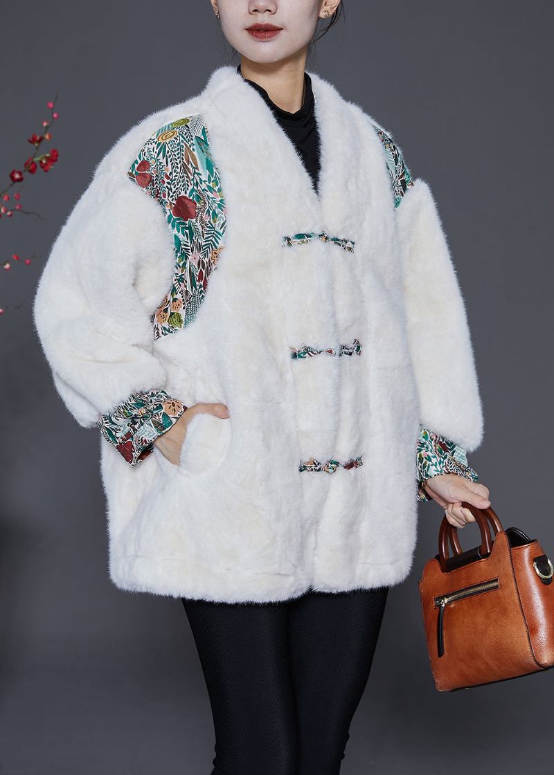 Modische Weiße Übergroße Patchwork-kunstpelzjacke Mit Chinesischen Knöpfen Für Den Winter - Damen-Wintermäntel