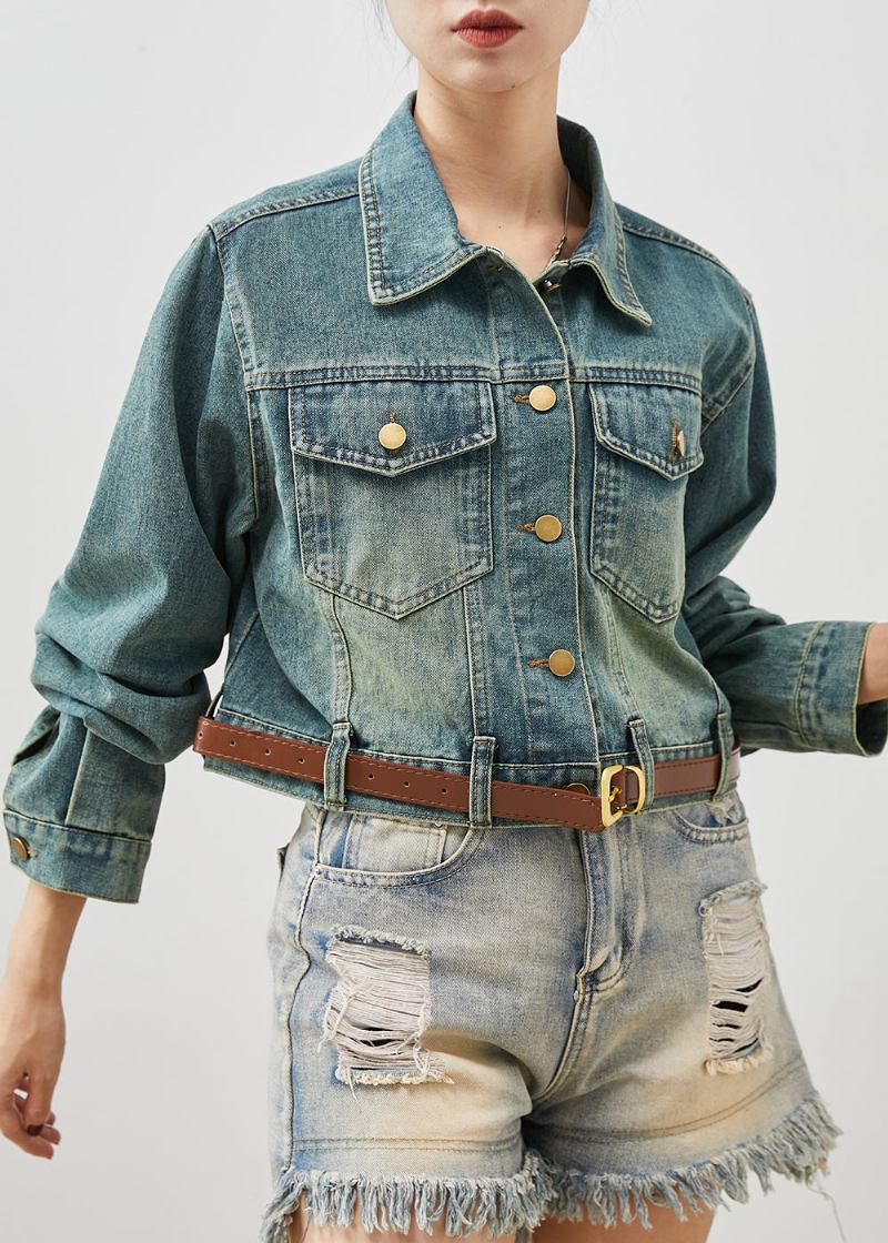 Modischer Denim-kurzmantel In Blau Mit Gürtel Frühling - Damen-Wintermäntel