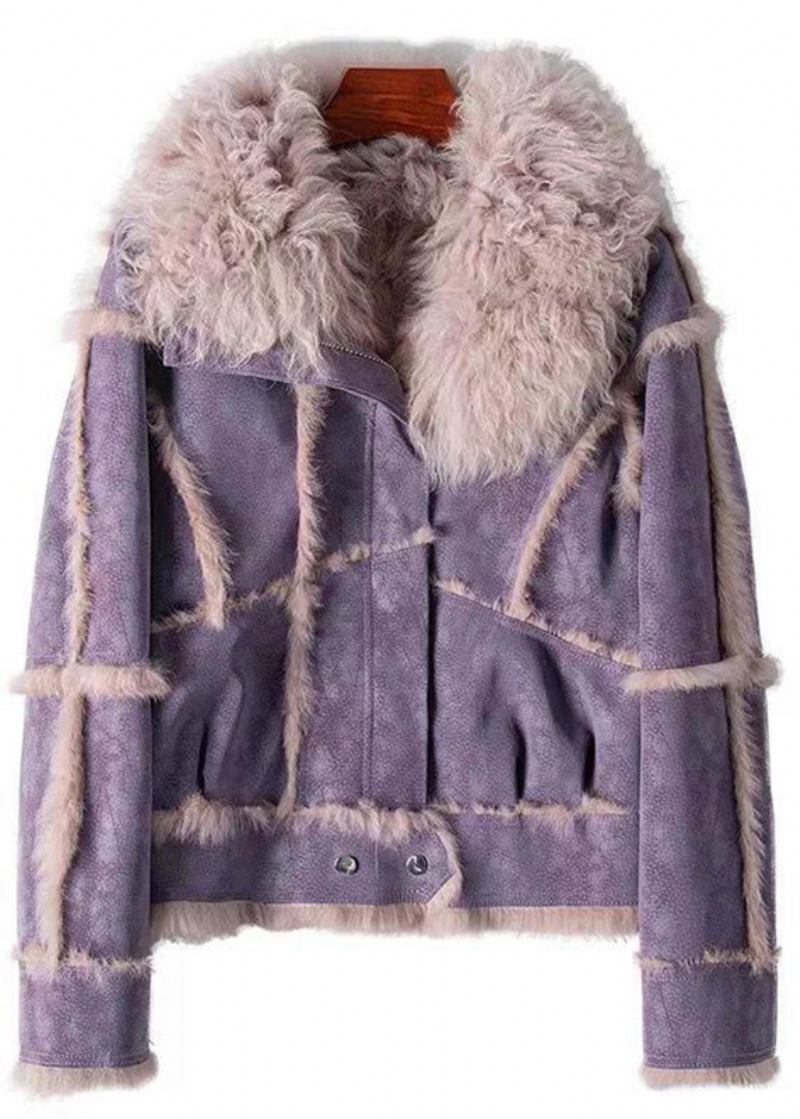 Modischer Dunkelgrauer Patchwork-leder- Und Pelzmantel Mit Reißverschluss Winter - Damen-Wintermäntel