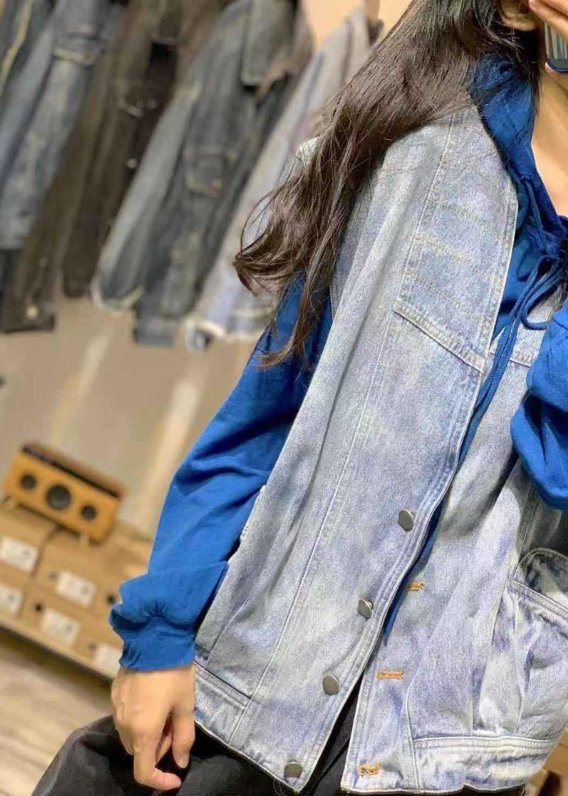 Natürliche Ärmellose Baumwollkleidung Für Frauen Hemden Jeansblau V-ausschnitt Herbsthemden - blau