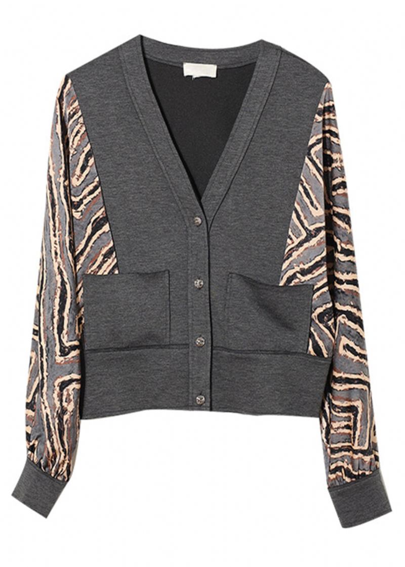 Natürlicher Grauer Leopard Patchwork V-ausschnitt Print Mantel Herbst - Damen-Wintermäntel