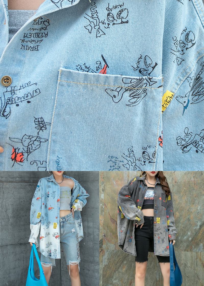 Natürlicher Hellblauer Peter-pan-kragen Patchwork-jeansmantel Mit Taschen Frühling - Hellblau