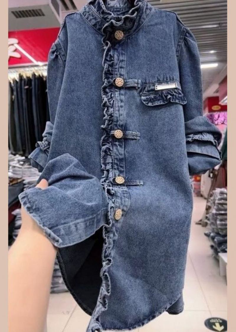 Neue Blaue Jeansjacke Mit Rüschen Und Knöpfen Lange Ärmel