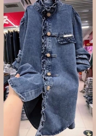 Neue Blaue Jeansjacke Mit Rüschen Und Knöpfen Lange Ärmel