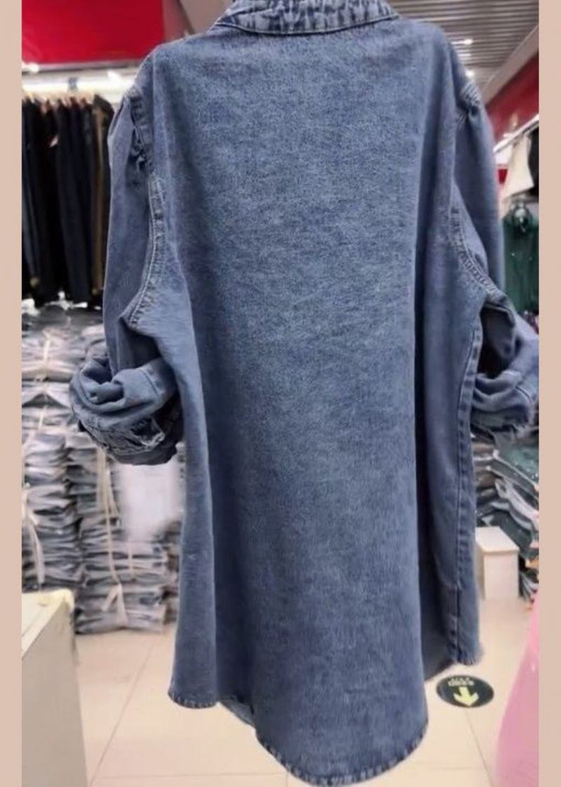 Neue Blaue Jeansjacke Mit Rüschen Und Knöpfen Lange Ärmel - Damen-Wintermäntel