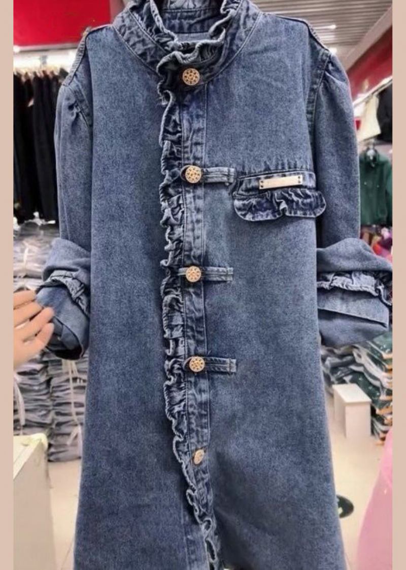 Neue Blaue Jeansjacke Mit Rüschen Und Knöpfen Lange Ärmel - Damen-Wintermäntel