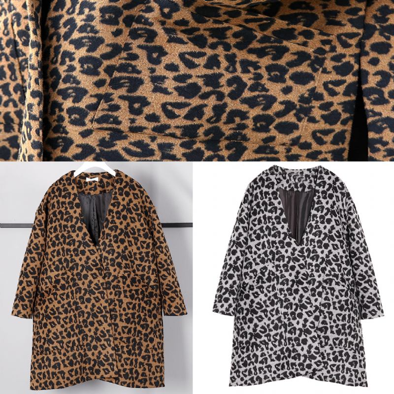 Neue Graue Leopardenmäntel In Übergröße V-ausschnitt Taschen Wintermantel 2024. Seitlich Offener Mantel - grau Leopard