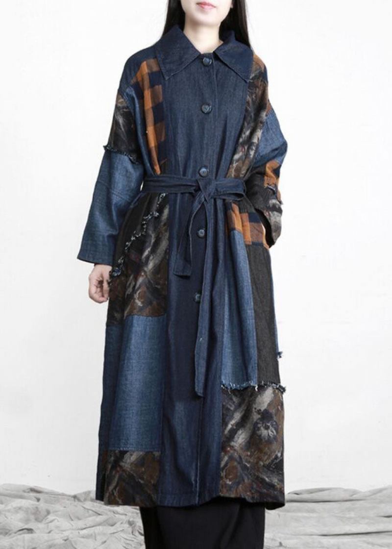 Neuer Patchwork-trenchcoat In Denim-blau Mit Knopfleiste In Der Taille