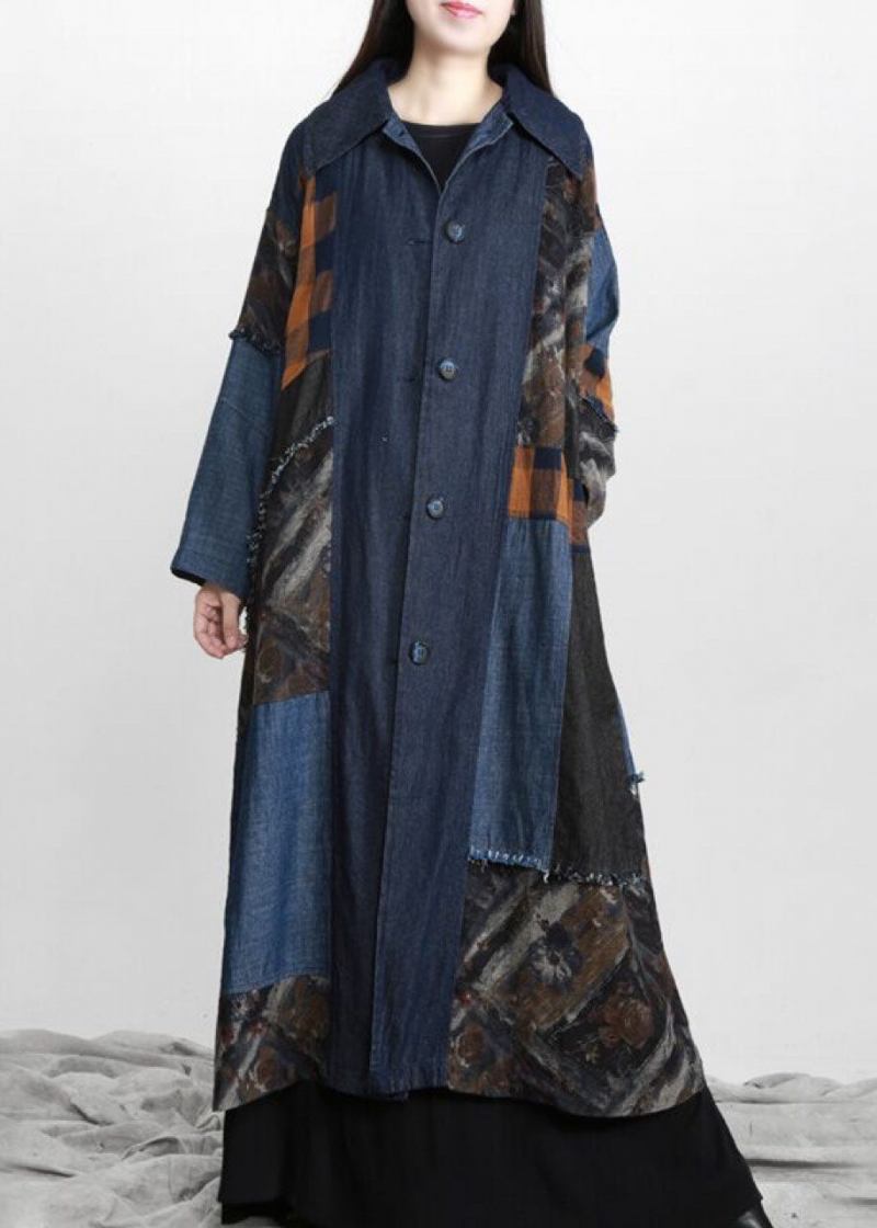 Neuer Patchwork-trenchcoat In Denim-blau Mit Knopfleiste In Der Taille - Damen-Wintermäntel