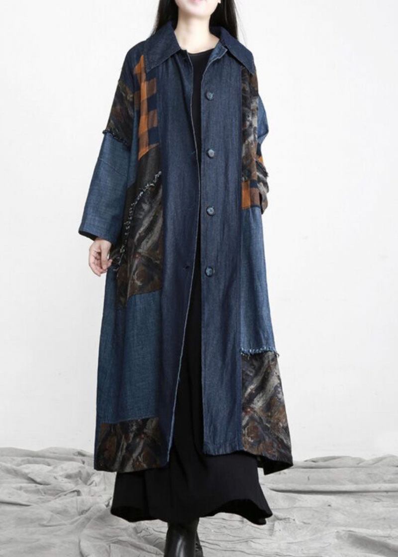 Neuer Patchwork-trenchcoat In Denim-blau Mit Knopfleiste In Der Taille - Damen-Wintermäntel