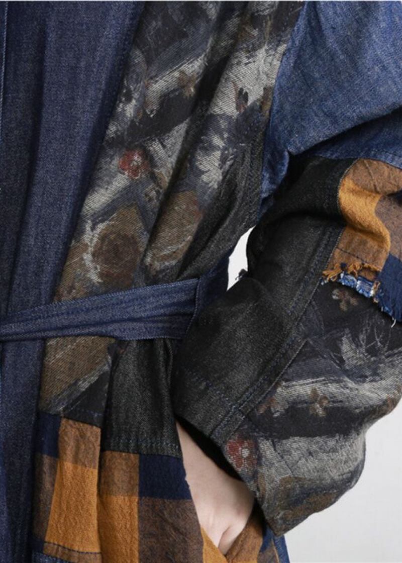 Neuer Patchwork-trenchcoat In Denim-blau Mit Knopfleiste In Der Taille - Damen-Wintermäntel