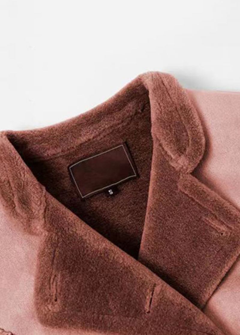 Neuer Rosafarbener Trenchcoat Mit Stehkragen Taschen Taillenbund Fleece-wolle Gefüttert Winter - Damen-Wintermäntel