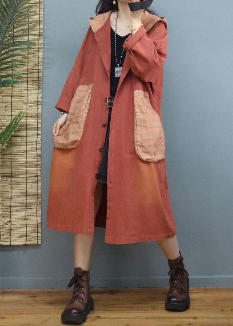 Orange Patchwork-baumwollmäntel Für Damen Mit Kapuze Und Taschen - Damen-Wintermäntel