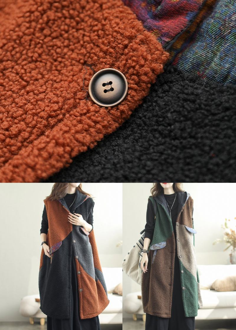 Orange Patchwork-teddy-kunstpelzweste Mit Taschen Und Kapuze Winter - Damen-Wintermäntel