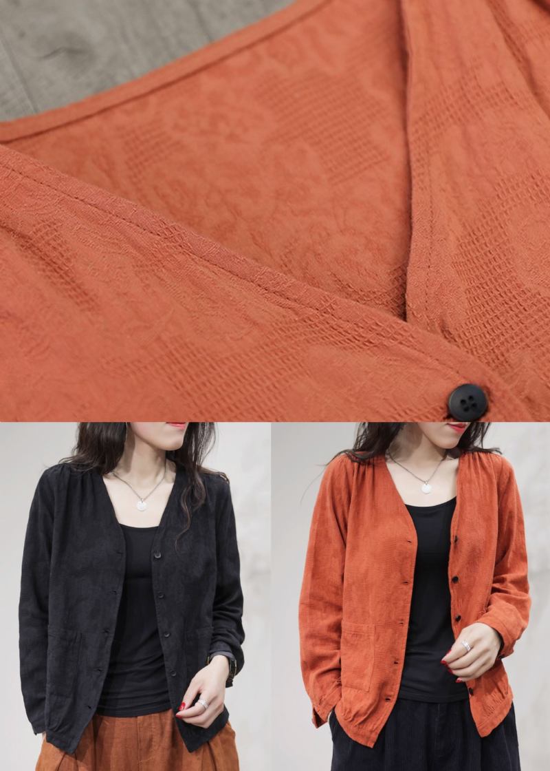 Orangefarbener Einfarbiger Baumwollmantel Mit V-ausschnitt Und Taschen Für Den Herbst - Damen-Wintermäntel