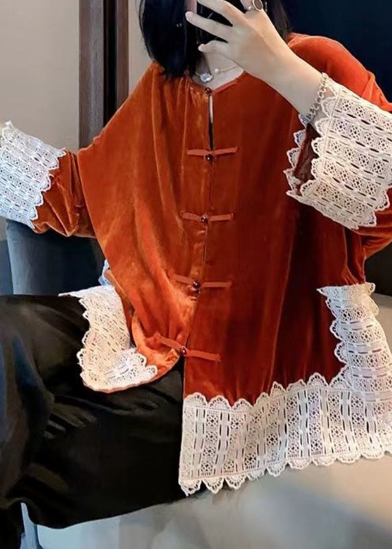 Orangefarbener Patchwork-seidenveloursmantel Mit Spitzen Und Langen Ärmeln Für Damen