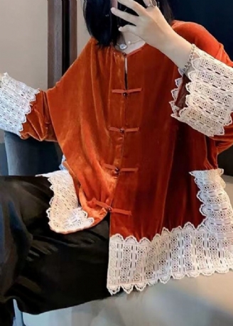 Orangefarbener Patchwork-seidenveloursmantel Mit Spitzen Und Langen Ärmeln Für Damen