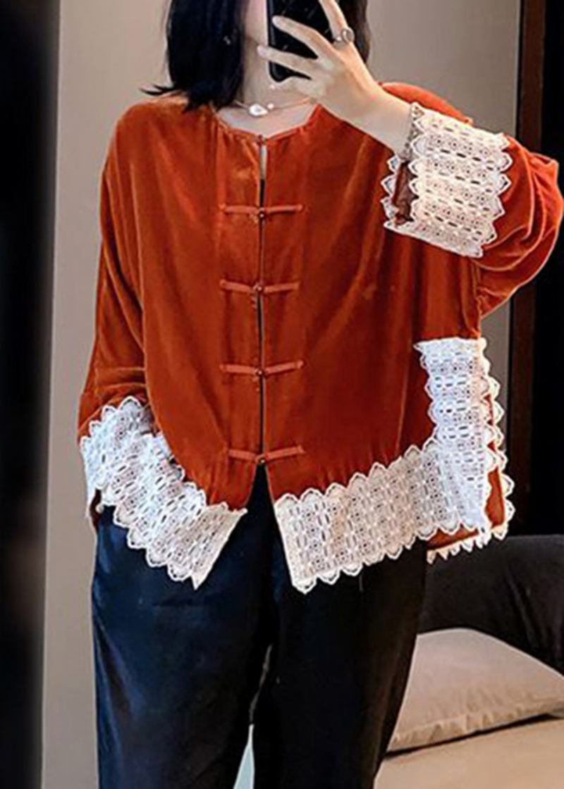 Orangefarbener Patchwork-seidenveloursmantel Mit Spitzen Und Langen Ärmeln Für Damen - Orange