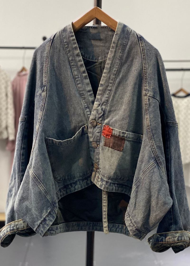 Originale Asymmetrische Denim-mäntel Mit Fledermausärmeln Und Retro-blau