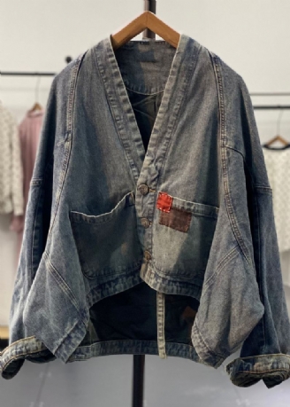 Originale Asymmetrische Denim-mäntel Mit Fledermausärmeln Und Retro-blau