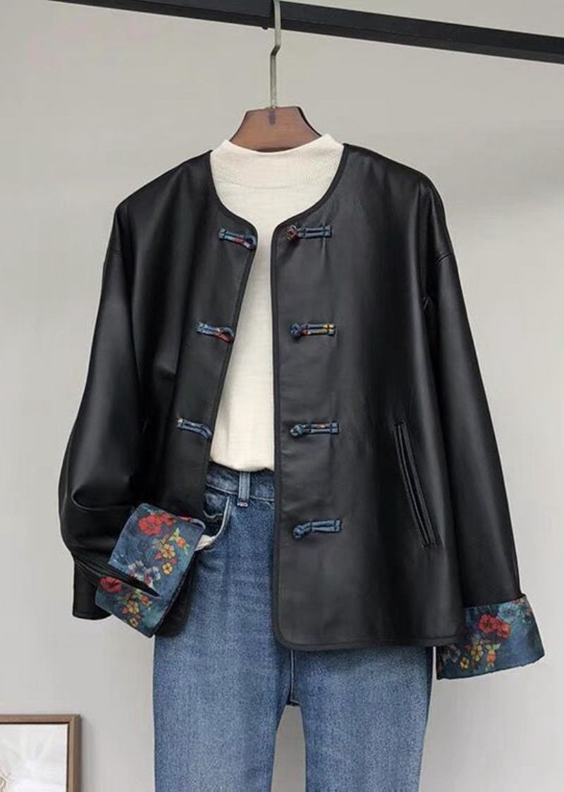 Retro-schwarze Kunstlederjacke Aus Kunstleder Mit Rundhalsausschnitt Und Chinesischen Knöpfen Herbst - Damen-Wintermäntel