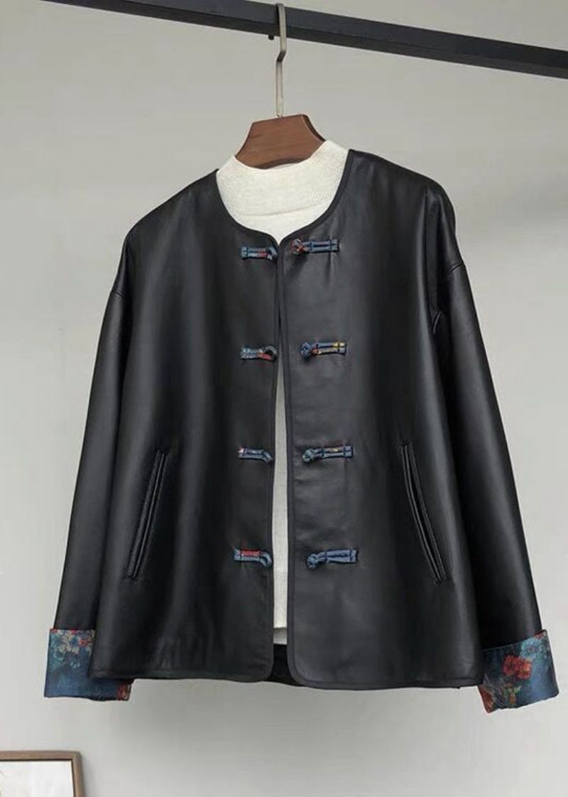 Retro-schwarze Kunstlederjacke Aus Kunstleder Mit Rundhalsausschnitt Und Chinesischen Knöpfen Herbst - Damen-Wintermäntel