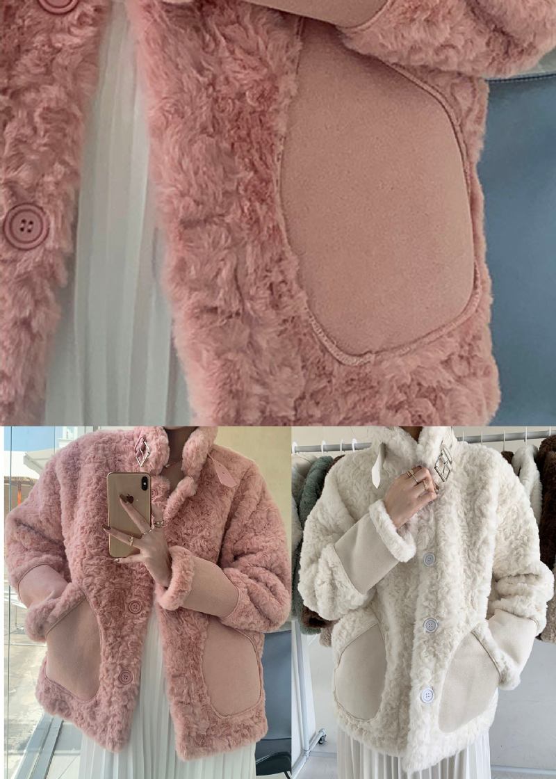 Rosafarbene Wintermäntel Aus Kunstpelz Mit Stehkragen Und Taschen - Rosa