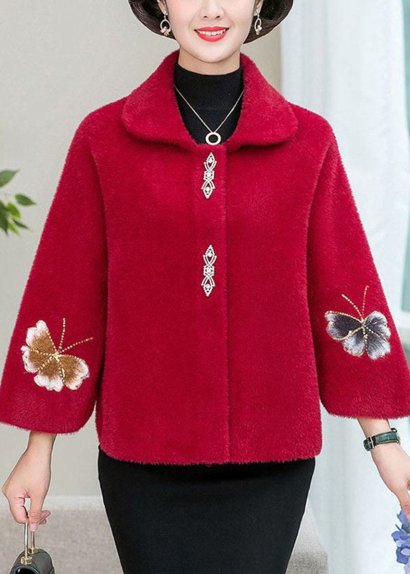 Rote Dicke Strickmäntel Aus Nerzhaar Mit Blumenstickereien Für Damen Für Den Winter - Rot