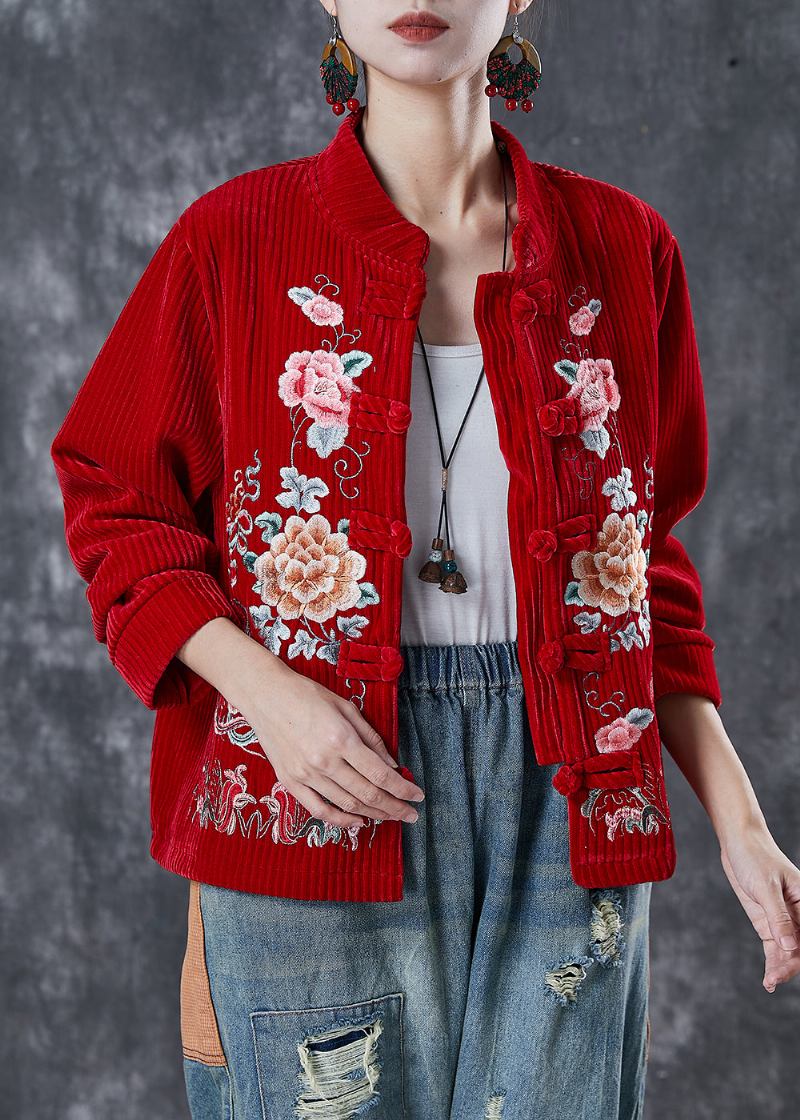 Rote Floral Bestickte Cordjacken Für Damen Für Den Frühling