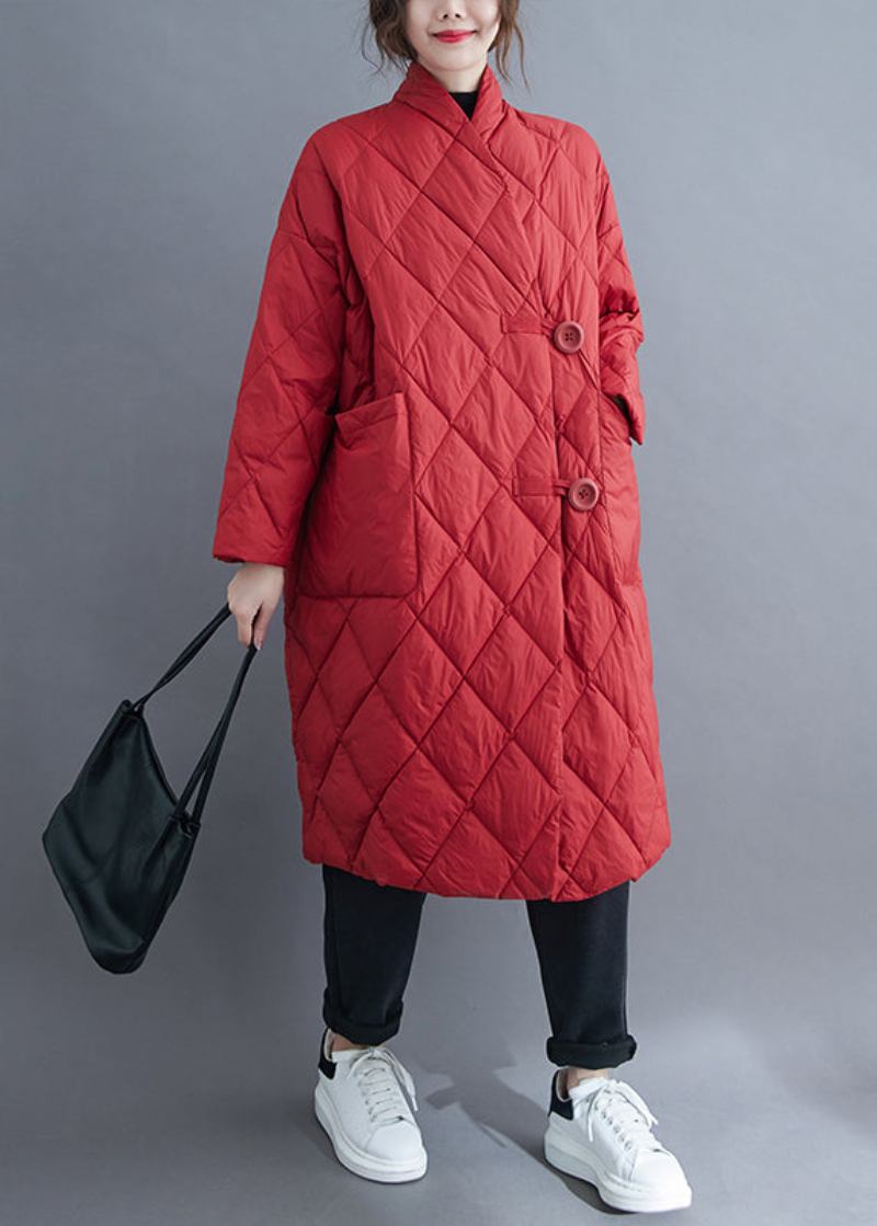 Roter Langer Parka Mit Knopftaschen Und Baumwollfüllung In Übergröße Für Den Winter - Damen-Wintermäntel