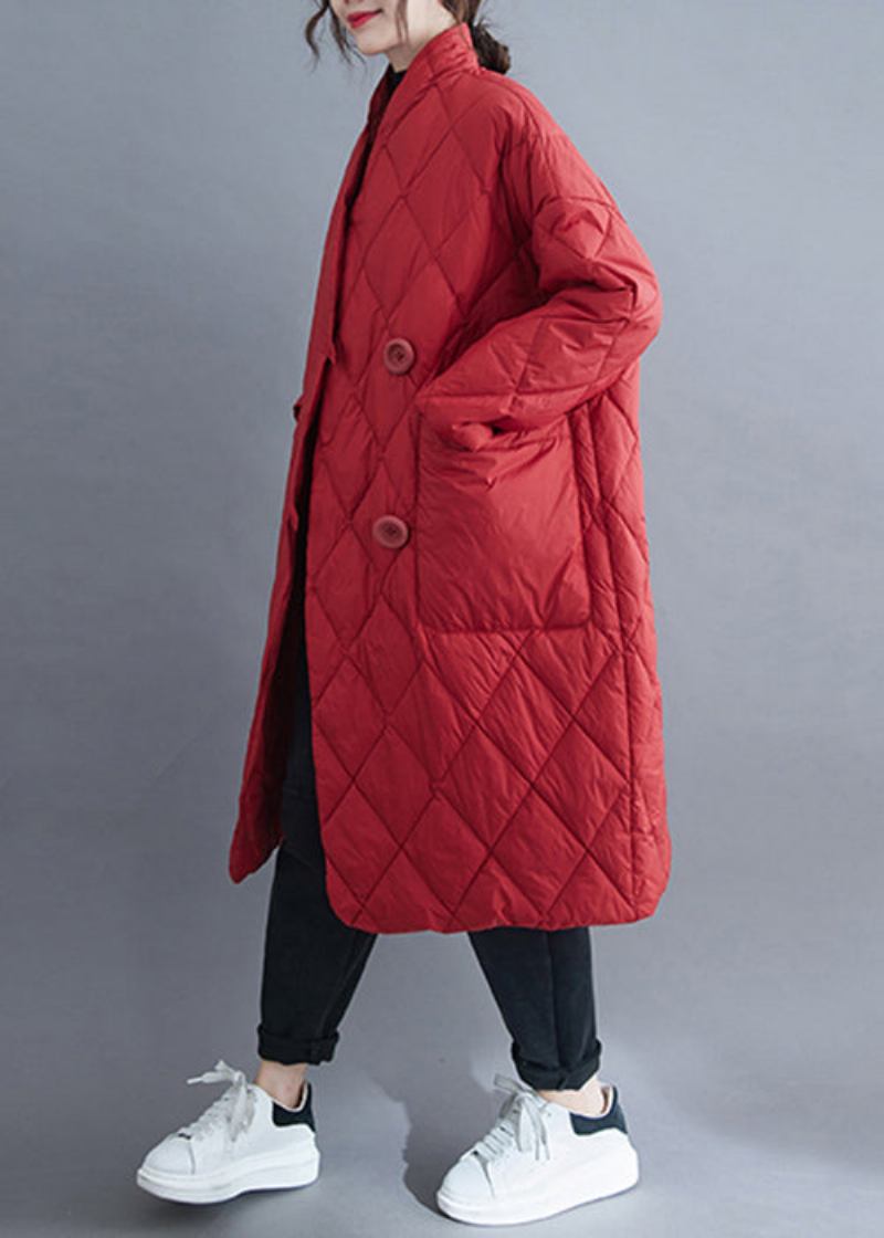 Roter Langer Parka Mit Knopftaschen Und Baumwollfüllung In Übergröße Für Den Winter - Damen-Wintermäntel